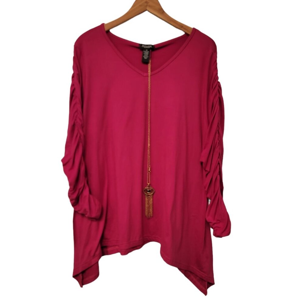 Rouge Collection Top 3X Dark Pink Polyester Spandex Blouse Attached Necklace
